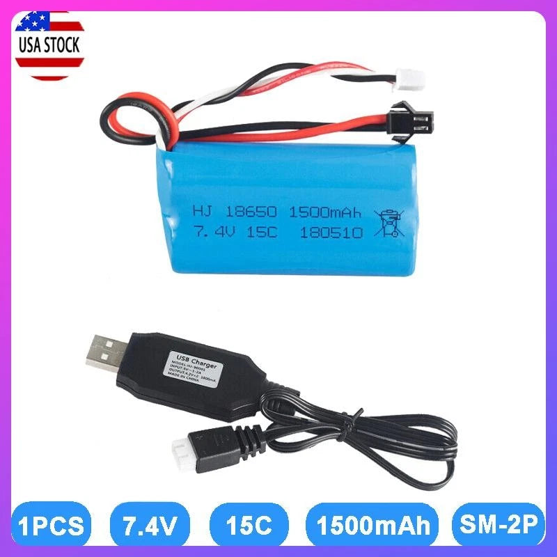 1PC 7.4V 1500mAh 15C Li-ion Battery SM Plug + USB Charger For RC Car Boat Truck