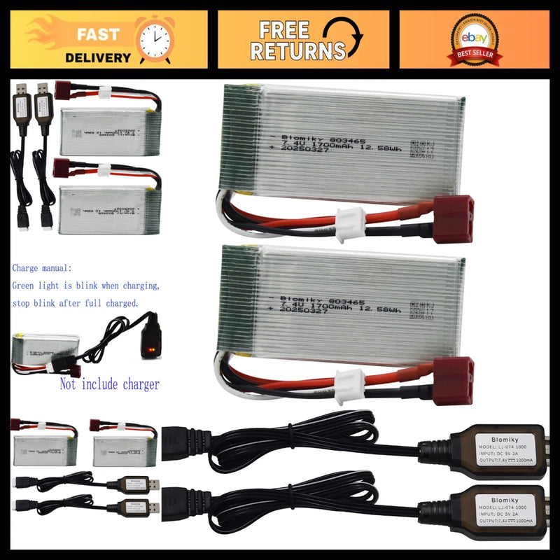 2 Pack 7.4V 1700mAh Lipo Battery 30C with T Plug & USB Cables for RC Trucks Battery