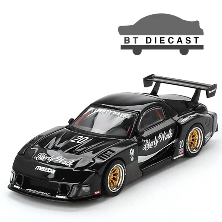 Black 1/64 scale die-cast sports car model with Liberty Walk graphics and rear wing