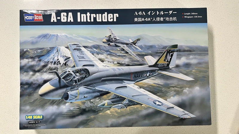 HobbyBoss 1/48 A-6A Intruder model kit box with aircraft artwork