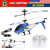 Blue and white RC helicopter with altitude-hold remote control and charging cable