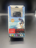 Waterproof sports action camera retail box packaging with camera photo and icons