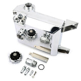 Polished coolant header overflow tank with mounting fittings and hardware, silver metal