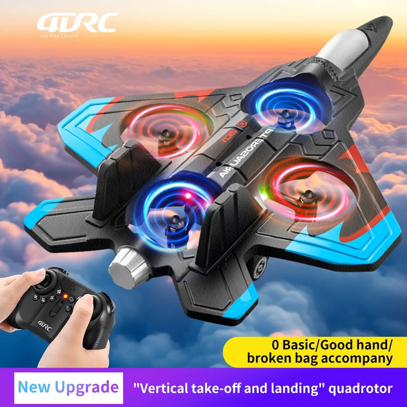 RC foam jet stunt drone with blue-red body, front lights, and handheld controller