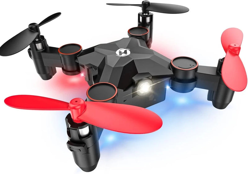 Foldable mini RC drone with red and black body, four rotors and central controller display