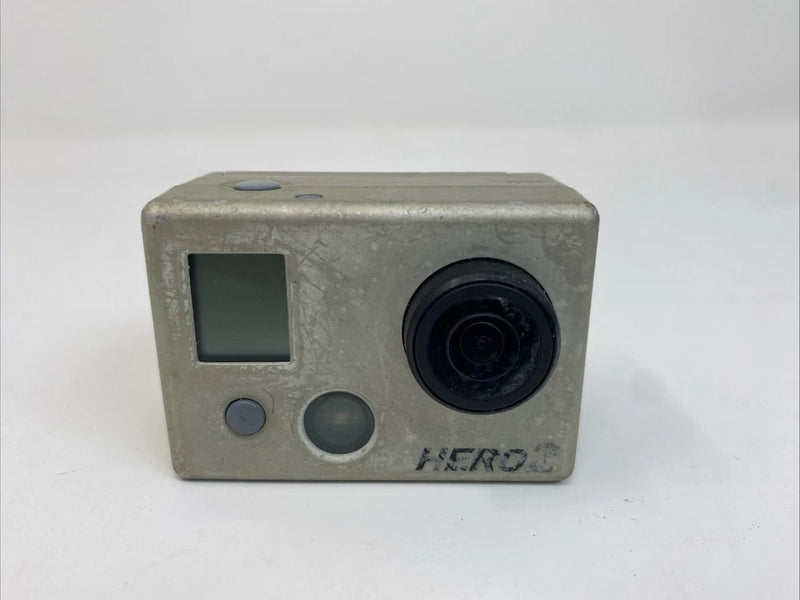 GoPro HERO2 action camera with waterproof lens, front screen and buttons, silver-gray body