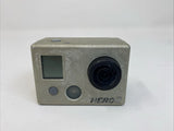GoPro HERO2 action camera with waterproof lens, front screen and buttons, silver-gray body