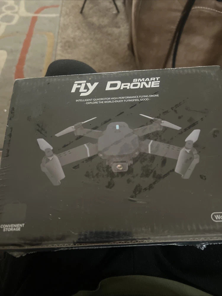 Foldable smart RC drone retail box with dual-camera drone illustration