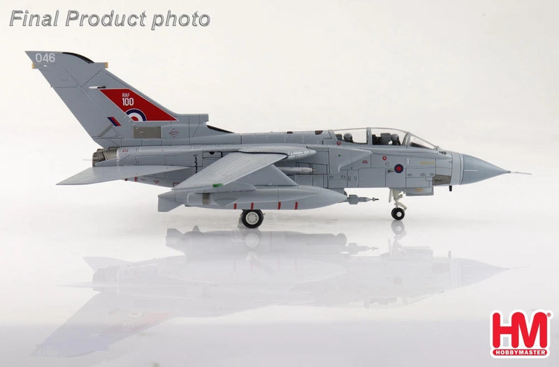 Gray RAF Tornado aircraft model with red tail markings and landing gear