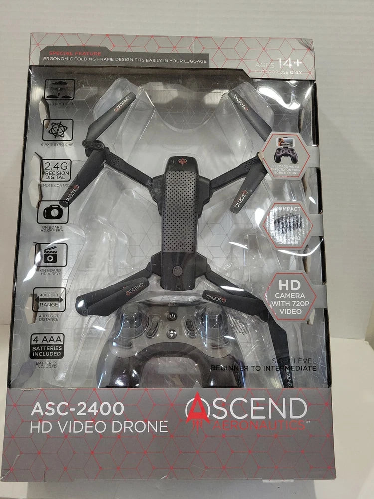 Compact folding drone with 720P HD camera, shown in retail box packaging