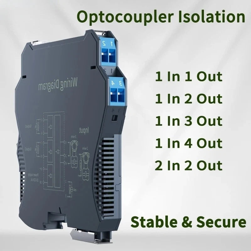 DIN-rail DC signal isolator with blue terminal blocks, 1-in 1-out through 2-in 2-out