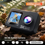Black waterproof action camera with front screen, dual display, and large circular lens