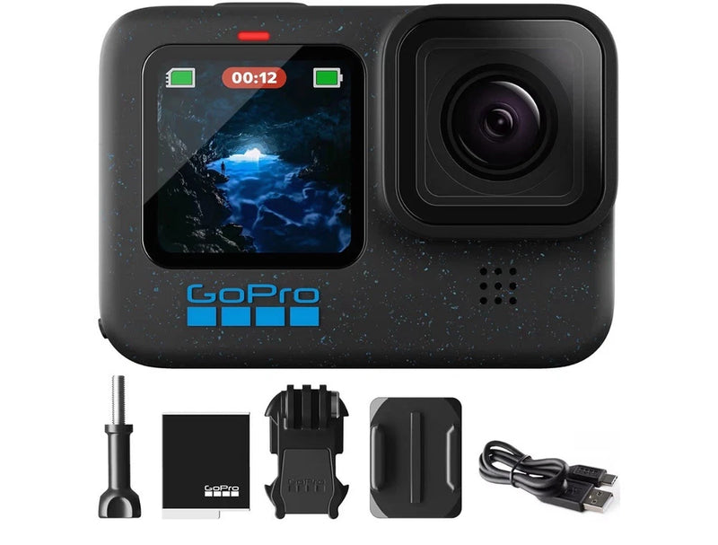 Black GoPro action camera with front lens, rear screen, and included accessories