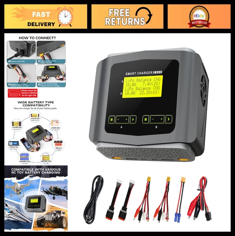 Dual LiPo Battery Charger 240W 10A Smart Balance for RC Cars, Li-ion, NiMH, 1-6S Battery
