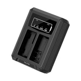 Two-slot camera battery charging dock with built-in display, dark gray