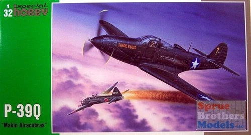 1:32 P-39Q Airacobra model kit box with dark fighter aircraft illustration