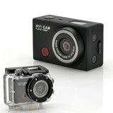Black waterproof action camera with front lens and WiFi Cam label, shown with clear case