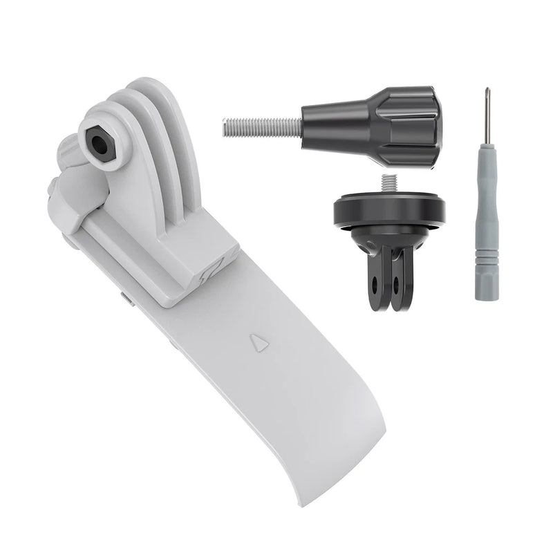 Action camera adapter mount with screw and expansion hardware, gray and black