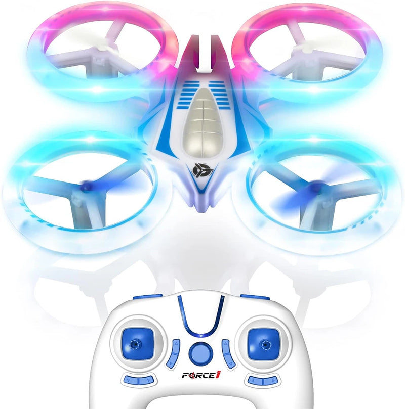 Mini LED quadcopter drone, white body with four blue glowing propeller rings
