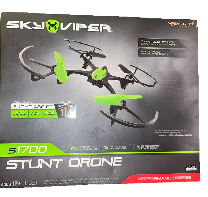 Green and black S1700 stunt drone retail box with Sky Viper branding