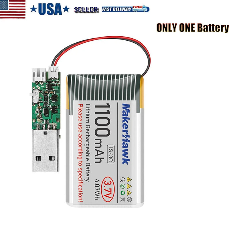 MakerMaxx 3.7V 1100mAh LiPo battery with micro JST connector and red/black leads