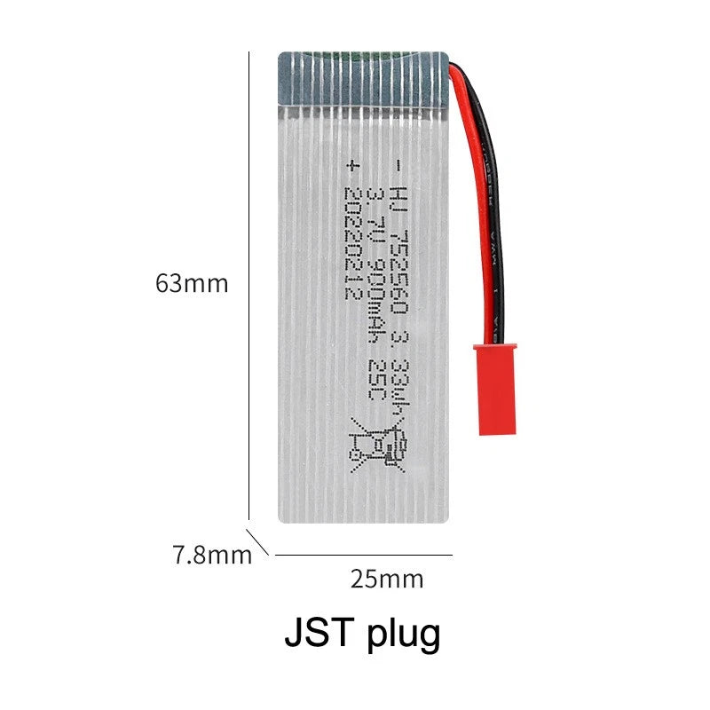 3.7V 900mAh LiPo battery with JST plug, silver pack and red/black wires