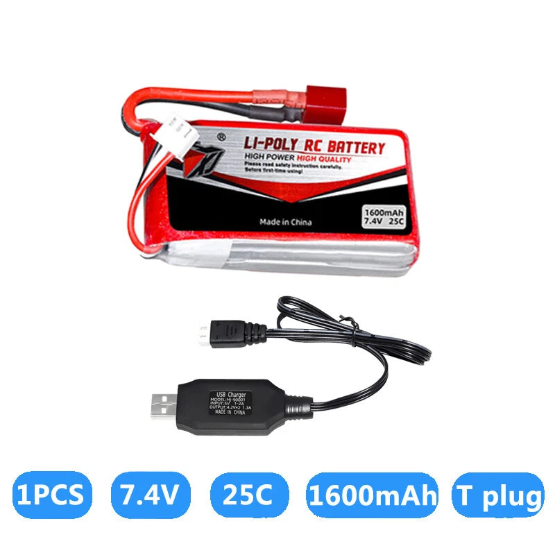 1pcs 7.4V 1600mAh 25C RC rechargeable Li-po Battery with T plug for Feilun FT012