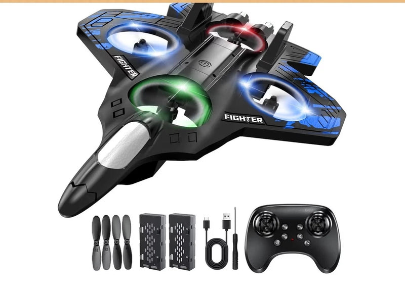 Fighter jet drone with glowing lights, propellers, battery packs, and handheld controller