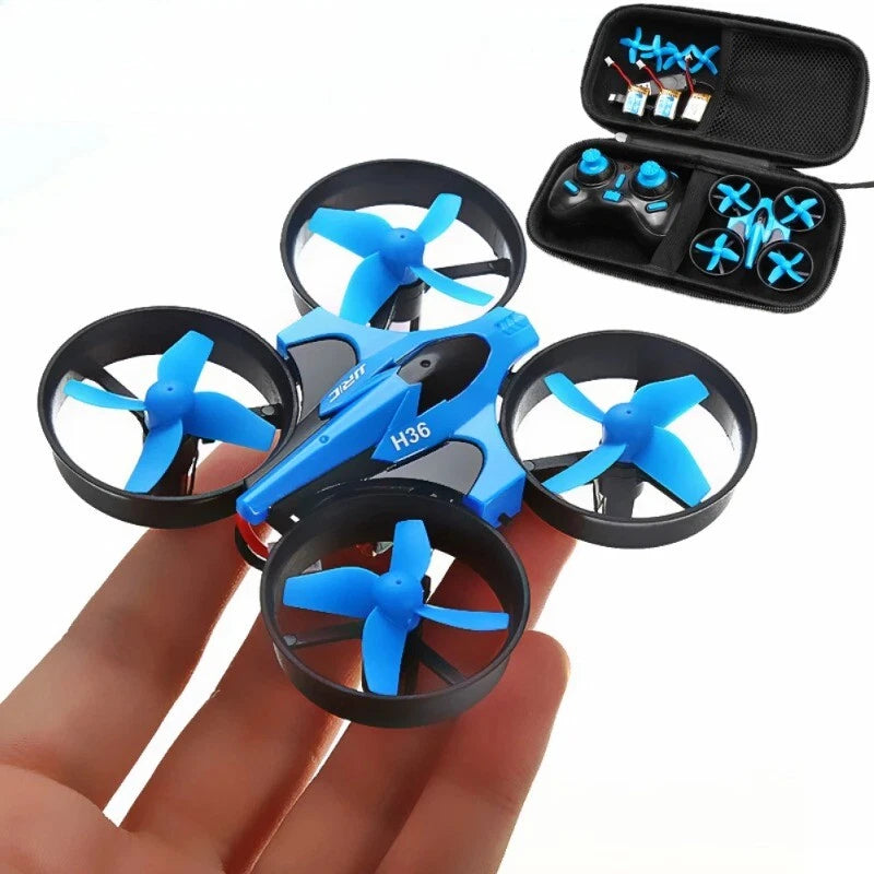 Mini RC quadcopter drone with four blue rotors and handheld remote controller set