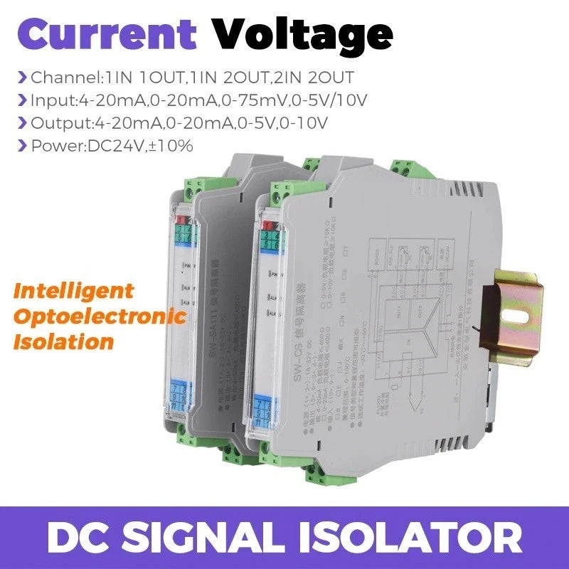 DIN rail signal isolator module with green terminal blocks, gray housing for 4-20mA/0-10V