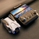 Dual-camera 4K drone with gray body and black controller with phone screen