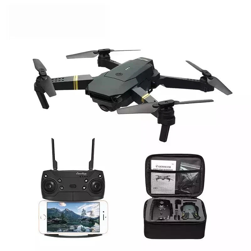 Folding 4K drone with remote controller and carrying case, shown with accessories