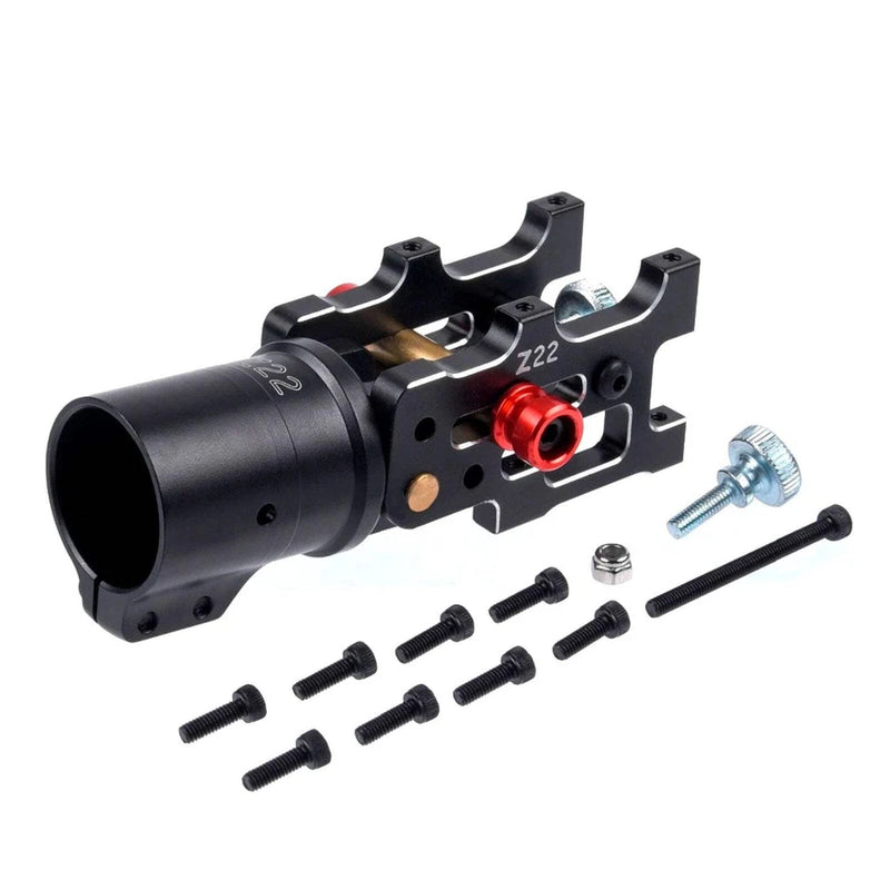 CNC aluminum folding arm bracket with 22mm tube, red connector, screws and hex key