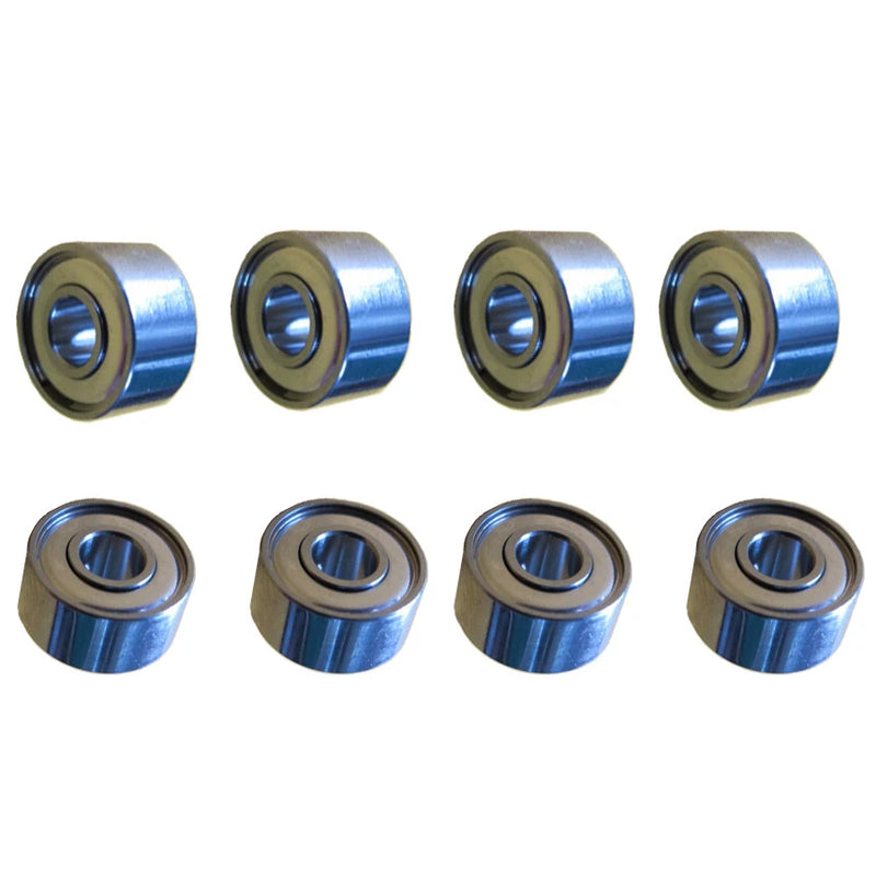 Set of eight NMB ball bearings for motors, metallic silver with blue steel outer rings