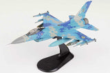Blue camo F-16C Fighting Falcon die-cast model on black display stand, 1/72