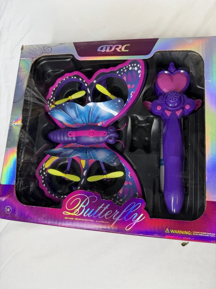 Glitter butterfly remote-control drone kit with purple controller, in retail box