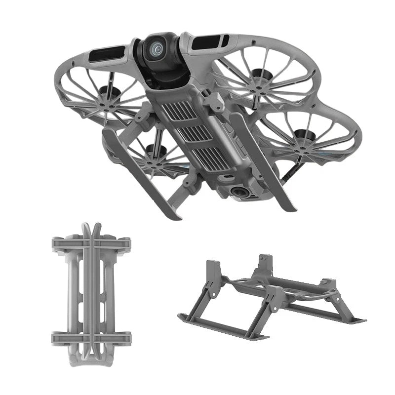 Grey folding drone landing gear accessory with four legs and central mounting bracket