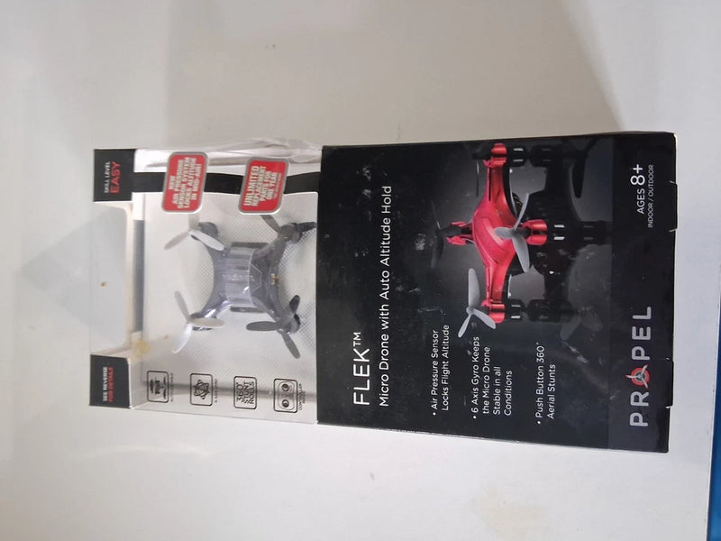 Micro drone retail box with drone illustration, black and red accents