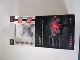 Micro drone retail box with drone illustration, black and red accents