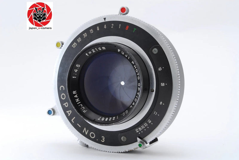 Fuji Fujinar 21cm camera lens with Copal No. 3 shutter, black focusing ring