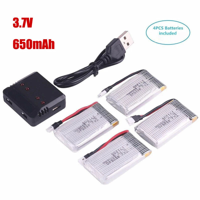4-pack 3.7V 650mAh LiPo batteries with USB charger and black charging dock