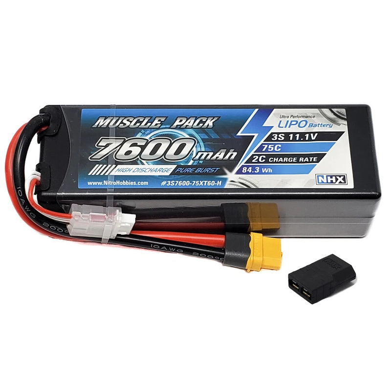 NHX Muscle Pack 3S 11.1V 7600mAh 75C Hard Case Lipo Battery w/ Traxxas Adapter Battery