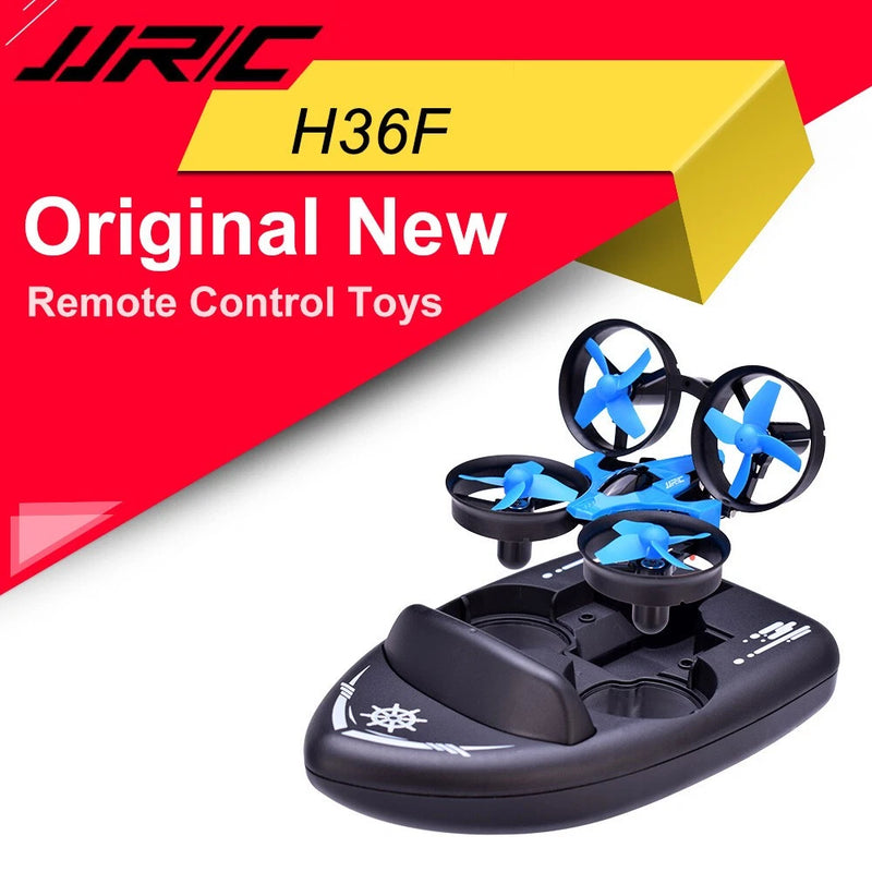 Remote control boat drone toy with blue quad propellers on black body