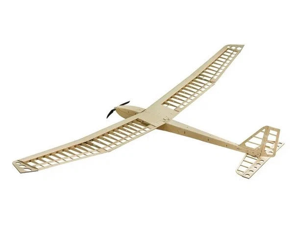 Light tan laser-cut glider airplane kit with wing and tail surfaces