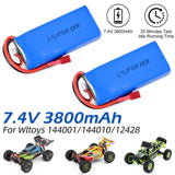 2Pcs 7.4v 3800mah Rc 2s Lipo Battery T Plug For Wltoys 144001 144010 124016