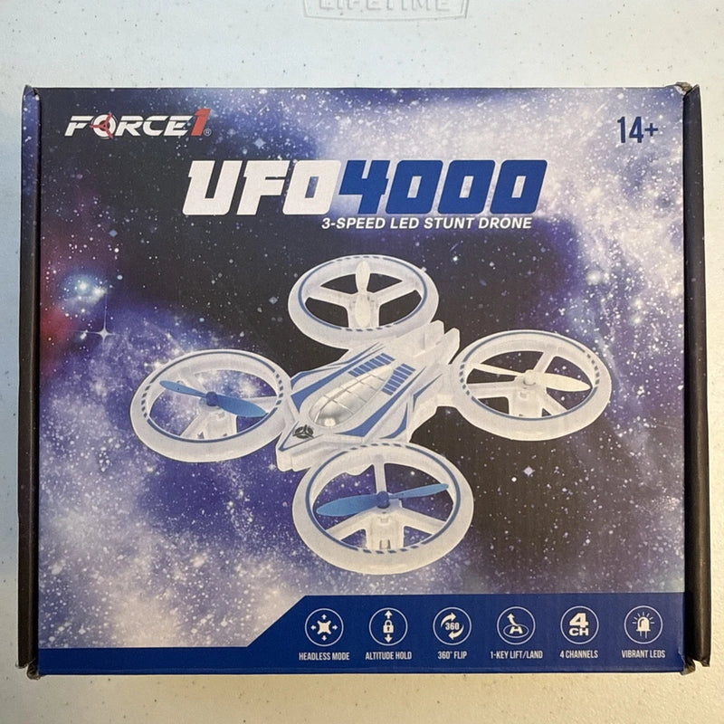Force1 UFO 4000 3-speed LED stunt drone box with quadcopter graphic and 4 channels text