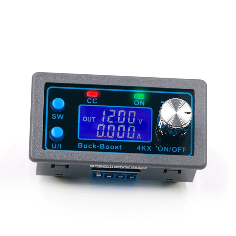 DC-DC buck-boost converter module with blue LED screen, buttons, and rotary knob