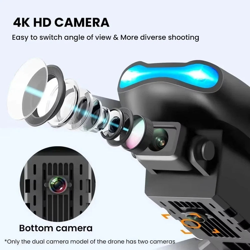 4K HD drone with dual camera module and lens, gray body