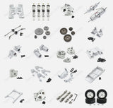 Silver aluminum RC car upgrade parts kit with screws, brackets, and small wheels
