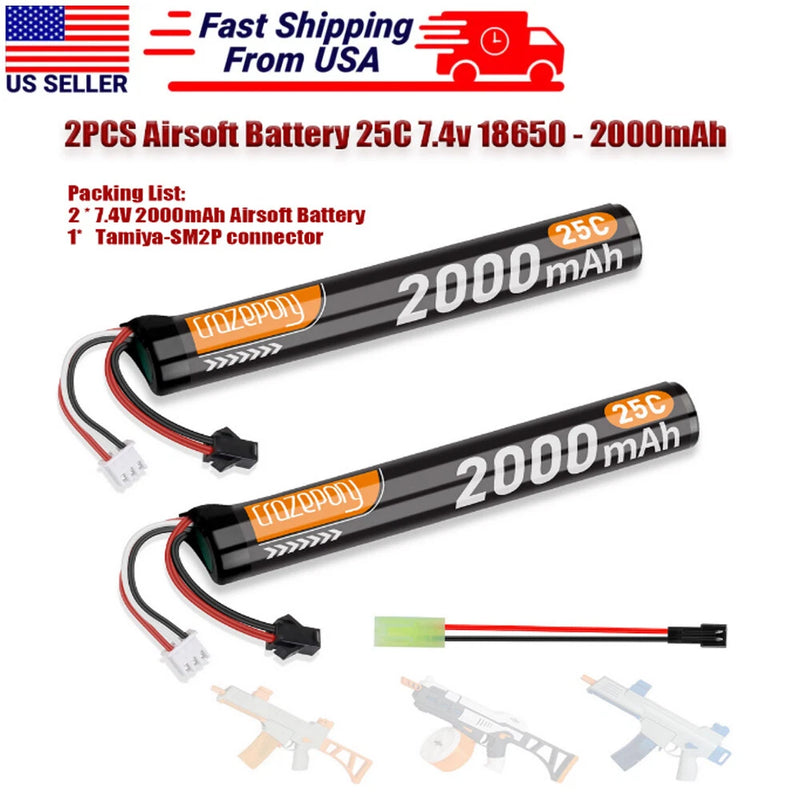 Two 7.4V 2000mAh 18650 Li-ion batteries with Tamiya connector and red leads